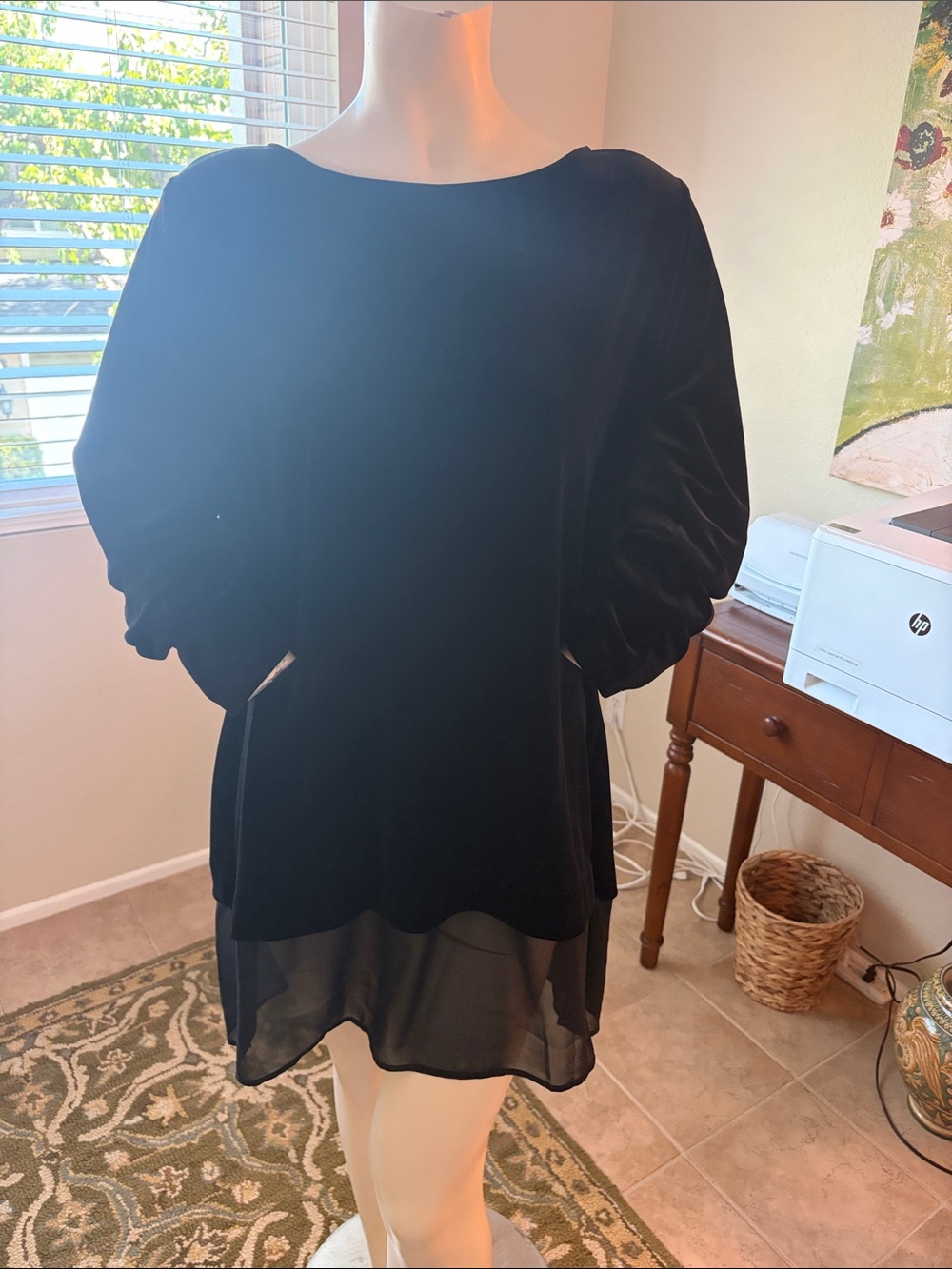 Chico's Black Velvet Puff-Sleeve Tunic with Sheer Hem